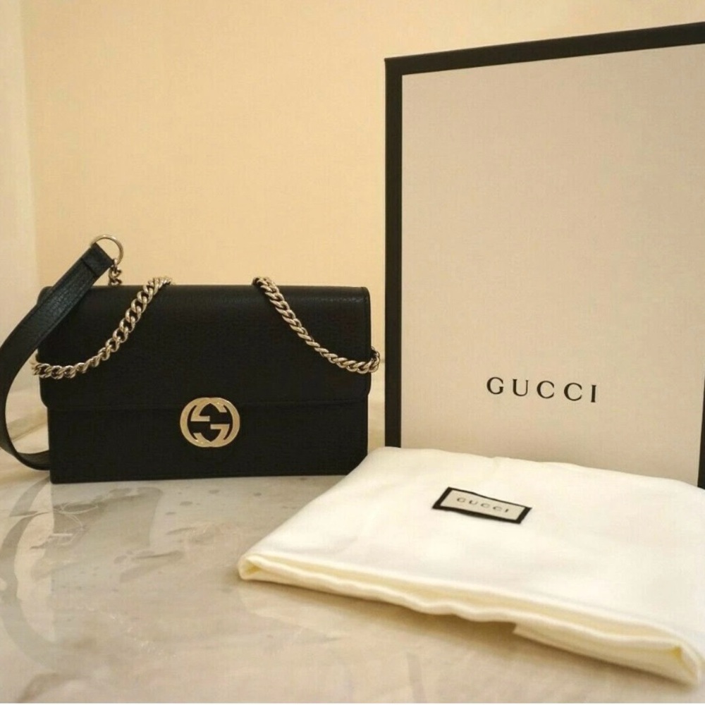 Gucci Interlocking Chain Wallet Black Leather Cross Body Bag - Picture 7 of 16
